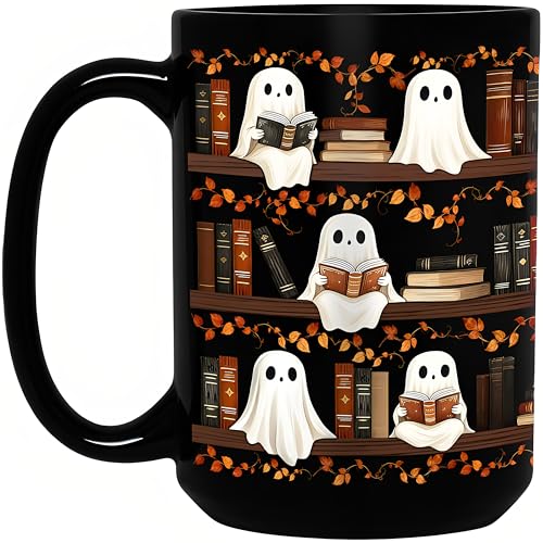 15oz Halloween Ghost Reading Coffee Mug, Bookshelf Tea Cup - Black