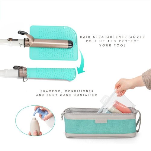 BeautyLA ‍Hair Tool Travel Bag with Heat Resistant Mat – Travel Case for Curling Iron, Straightener, Dy son Air wrap, Shark FlexStyle – Waterproof Organizer with Silicone Bottles