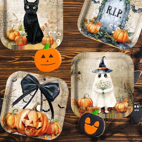 Halloween Vintage Paper Plates Set 60pcs - 9 Inch Disposable Halloween Tableware