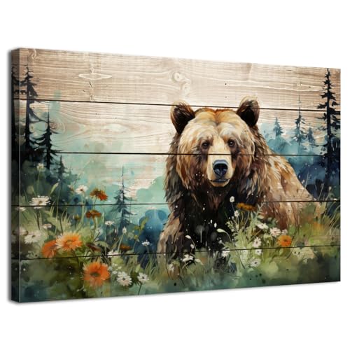 Wildlife Bear Watercolor Wall Art - Rustic Forest Canvas for Living Room & Nursery - 30x20 Inches