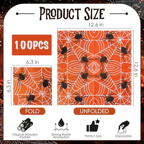 Halloween Spider Web Napkins - Orange 100 Pack, 6.5 x 6.5 Inch 2-Ply Paper
