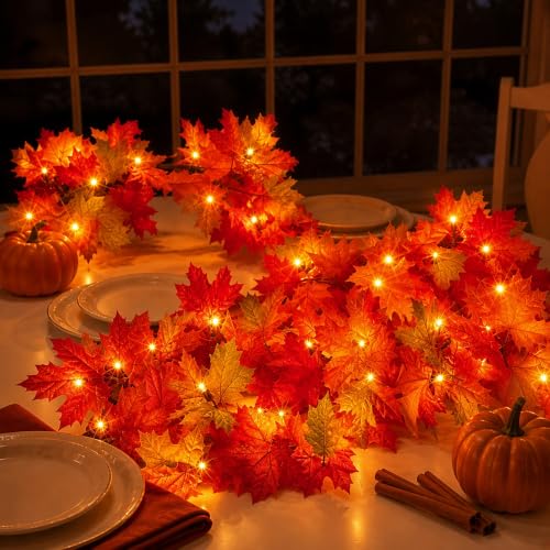 9FT Fall Garland with Lights - Connectable Orange Maple Leaf Decor - 3 Pack