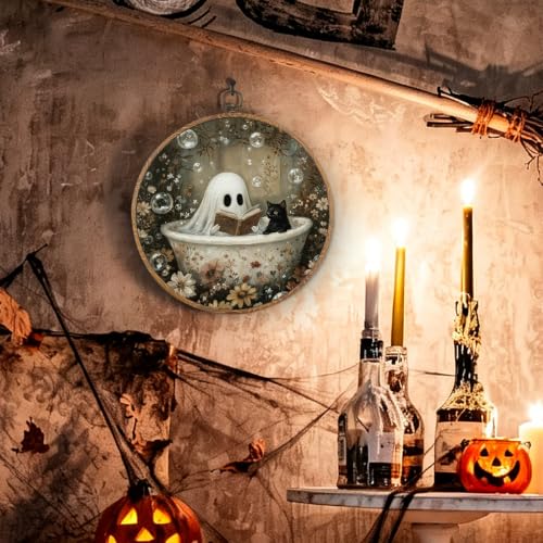 Halloween Bathroom Ghost Cat Wall Art - Round 10x10 Inches, Ghost Cat Halloween Decor - Variation 2