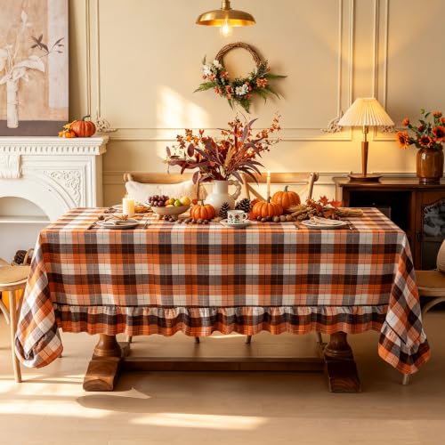 Orange Brown Ruffled Thanksgiving Tablecloth - 102 x 60 Inch Rectangular Harvest Fall Decor