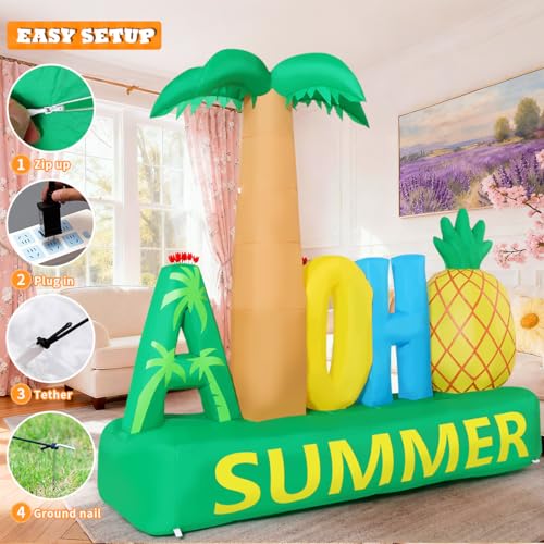 Inflatable Palm Tree and Pineapple Decor with LED Lights for Outdoor Yard and Pool Parties