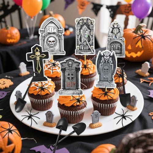 72Pcs Halloween Tombstone Cupcake Toppers & Spooky Decorations