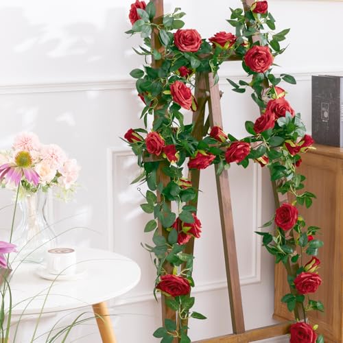 Artificial Red Rose Garlands Set of 5 - 32.5 ft, Realistic Flower Vines for Decor