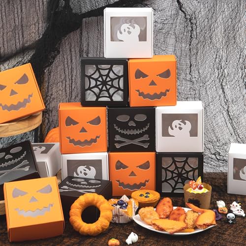 Halloween Treat Boxes Set - 24 Pack Pumpkin Ghost Skull Spider Window Bakery Boxes for Party Favors