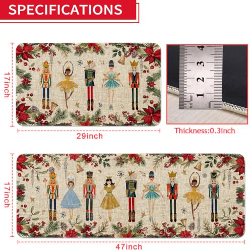 Christmas Kitchen Rugs Set with Nutcracker Red Pattern - Non-Slip Holiday Door Mat and Runner