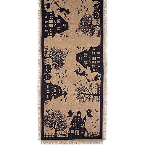Halloween Primitive Burlap Table Runner - Spooky Haunted House Decor 14x113 - Black & Tan