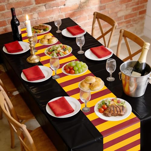 Disposable Wizard Tablecloth Set - Black Yellow Red Striped Party Covers, 4 Pcs