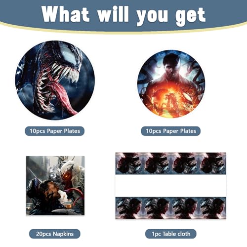 Venom Party Supplies 41 Pack Black - Plates, Napkins, Tablecloth for Birthday