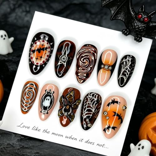 Halloween Press On Nails - Gothic Bat Ghost Spider Web Leopard Flower Design, Gold Rhinestones - Colorful-11