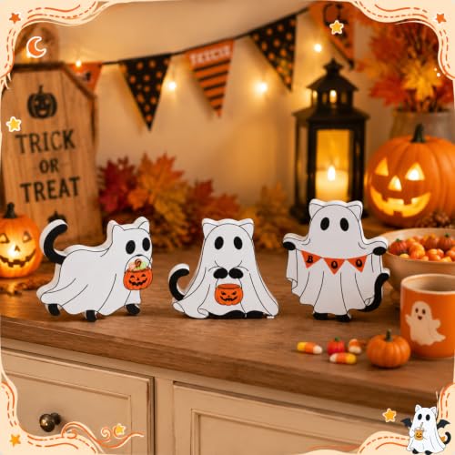 Halloween Cat Ghost Decor Set - Wooden Figurines for Tiered Tray & Tabletop - Pumpkin Variation