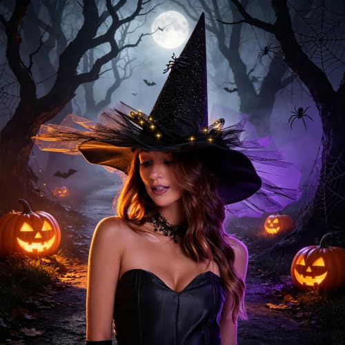 Black Spider Witch Hat Halloween Costume with LED Light and Gauze Feathers - Variation of THIS listing