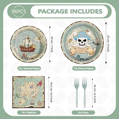 Pirate Party Decorations Set for Kids - 96 Pieces Including Plates & Utensils - Map & Skeleton Theme - Variation: 96pcs Children Map Plates