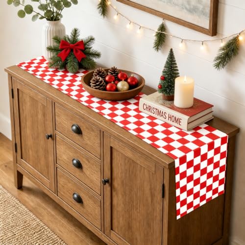 Red Gingham Checkered Table Runner - 13 x 72 Inch, Waterproof, Reusable