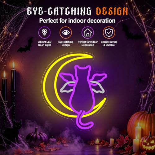 Purple MoonCat Halloween Bat Cat Neon Sign with Waving Wings USB Light