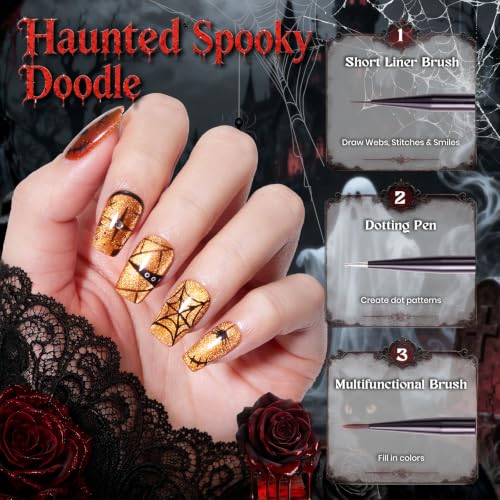 Halloween Nail Art Brushes Set - 5 Pcs Gel Polish & Dotting Tools with Brush Holder