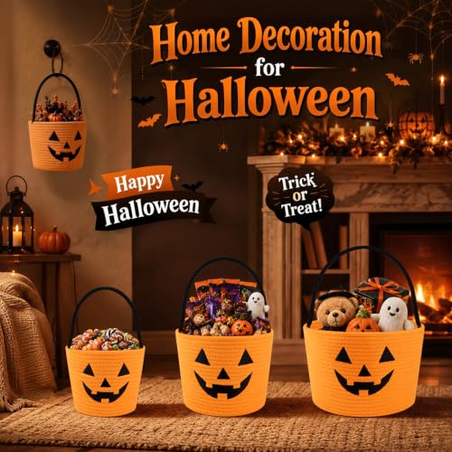 Halloween Bucket for Kids - Pumpkin Basket with Handle, Orange, Medium