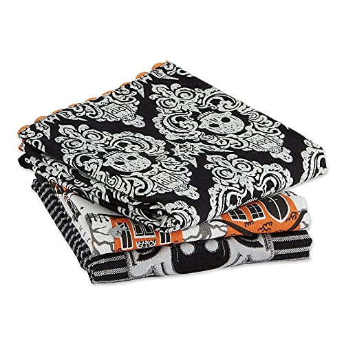 Halloween Dishtowel Set - Skull Damask & Haunted House Embellished Cotton Kitchen Towels, 3 Pack, 18x28 Inches