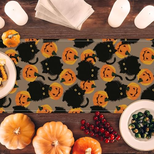 Halloween Table Runner Black Cat Pumpkins 13x72 Inch - Seasonal Kitchen Decor with Variation