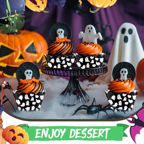 Halloween Ghost Cupcake Wrappers - 100 Pack, White Black, Party Baking Liners