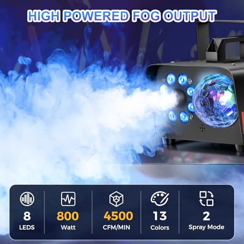 800W Fog Machine with 4500 CFM Output, Disco Lights & Remote Control for Parties