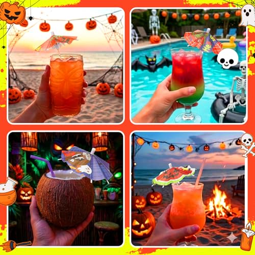 100 Pcs Summer Halloween Cocktail Umbrellas & Cake Topper Picks - Tropical Spooky Party Decor