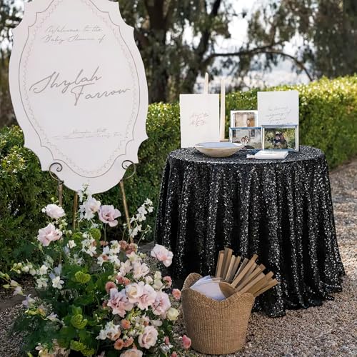 QueenDream Black Sequin Round Tablecloth 50 Inch for Party & Wedding Decor