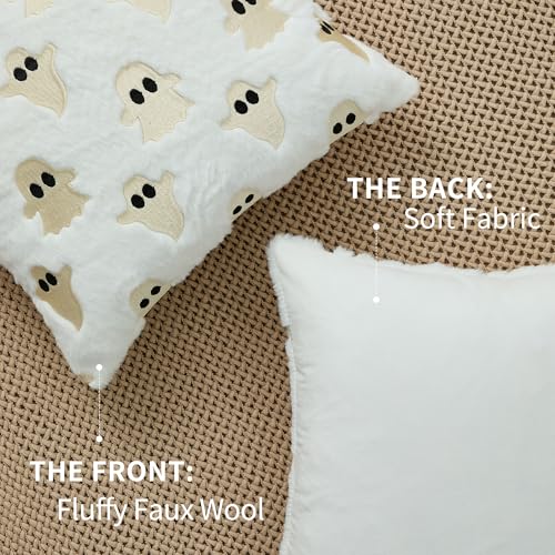 Halloween Pillow Covers 18x18 Inch Ghost Plush Set - White, Pack of 2