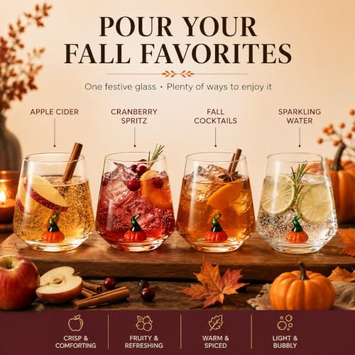 Pumpkin Wine Glasses Set - 2 Pack Halloween Fall Stemless Cups for Parties & Home