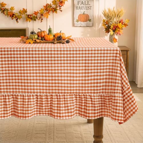 Romanstile Fall Gingham Ruffled Tablecloth - Orange, 60 x 84 Inch Rectangular