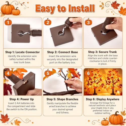 Fall Lighted Maple Tree Set - 2 Pack 24 Inch Autumn Decor with Pumpkins, Indoor Outdoor