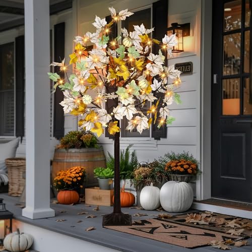Lighted Artificial Fall Tree with Timer - 4FT White Maple Decor for Autumn & Halloween