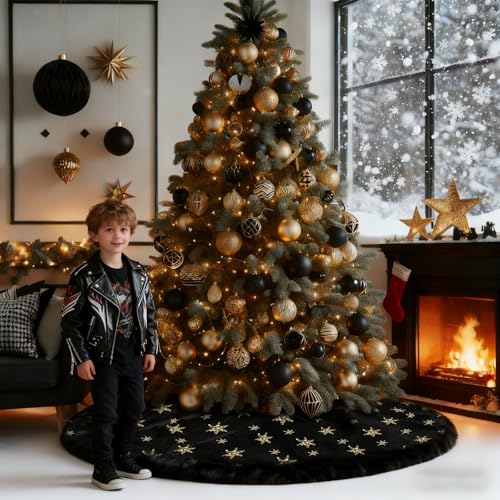 48 Inch Black Gold Faux Fur Christmas Tree Skirt with Sequin Snowflakes