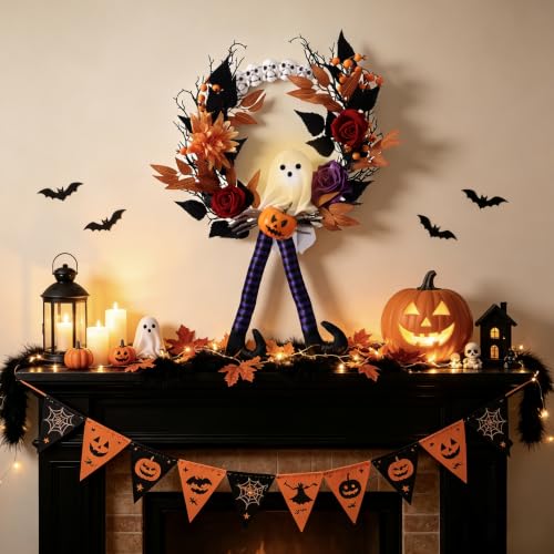 Halloween Wreath for Front Door 24.8 Inch with Witch Legs & Pumpkins - Indoor Outdoor Decor