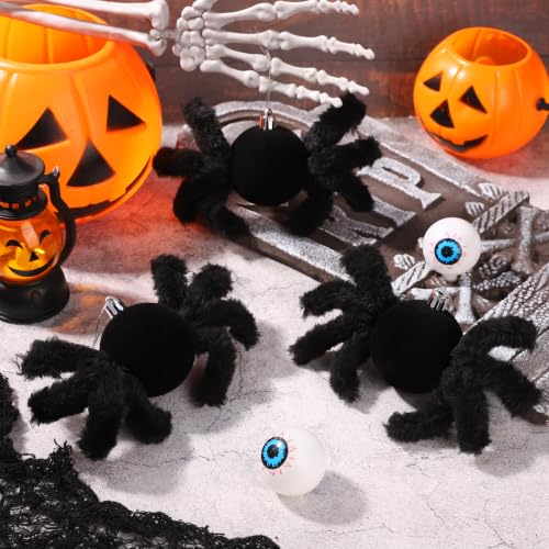 Halloween Spider Tree Decorations Set - 12 Black Fluffy Ornaments for Holiday Decor