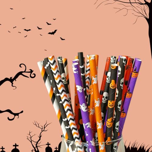 Halloween Paper Straws Set of 200 - Biodegradable Ghost, Skull, Pumpkin, Bat Styles