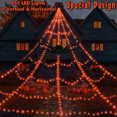 Outdoor Halloween Decorations with 455 LED Spider Web & 59-Inch Spider - Orange Web & Spider Variation