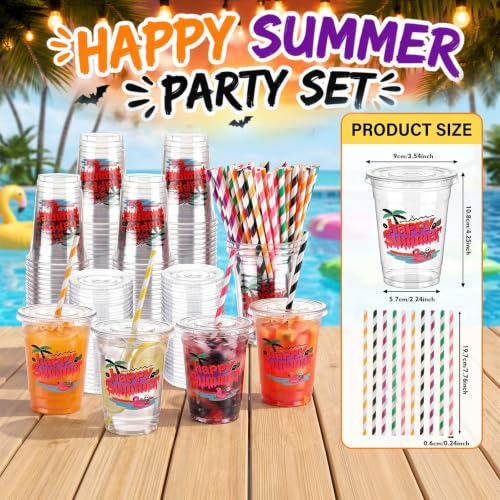 Happy Summer Halloween Disposable Plastic Cups Set - 100 Count with Lids & Striped Straws