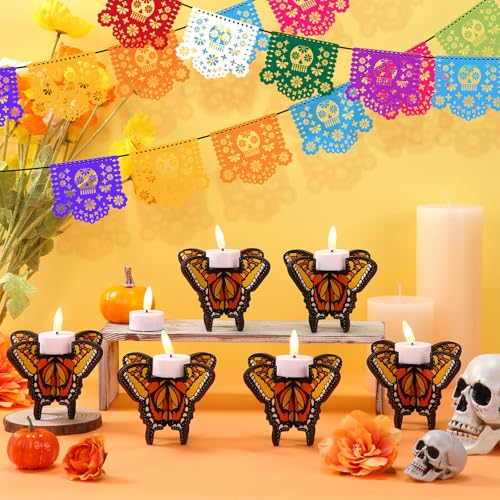 12 Pcs Day of the Dead Wooden Butterfly Candleholders - Festive Tabletop Decor