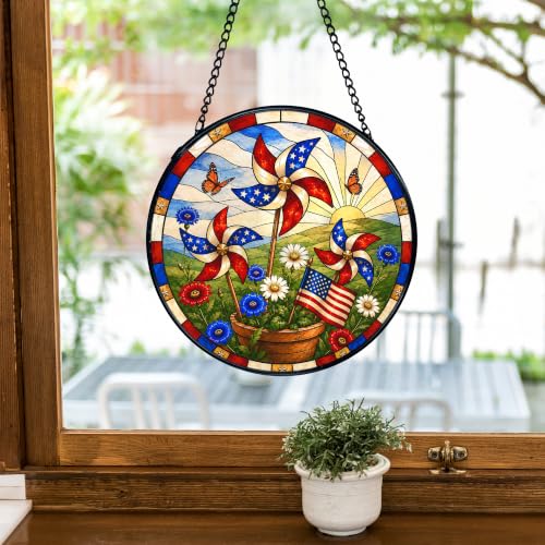 Patriotic Stained Glass Sun Catcher - 7.9 Inch American Flag Window Decor