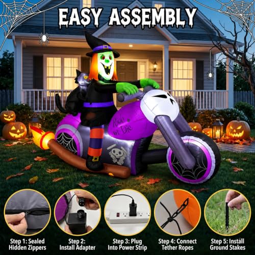7FT Halloween Inflatable Witch on Motorcycle with Black Cat - Outdoor Yard Decor - Biker Witch Variation