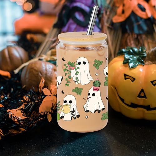 16 oz Glass Coffee Cup with Lid & Straw - Ghost Plant Design, Spooky Halloween Gift