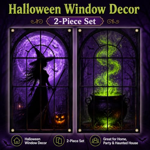 Halloween Window Covers Set - Witch & Cauldron Night Scene, 2 Pack, 31.5 x 47.2 Inches - Witch Variation