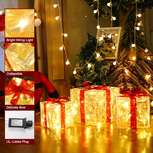 Light Up Christmas Gift Boxes Set of 3 with Warm White LEDs - Indoor Outdoor Holiday Decor