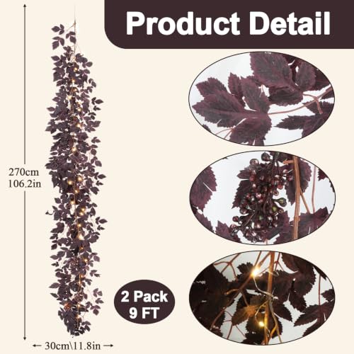 9FT Artificial Plum Cimicifuga Seeded Garland with 100 LED Lights - Fall Decor, Halloween & Thanksgiving