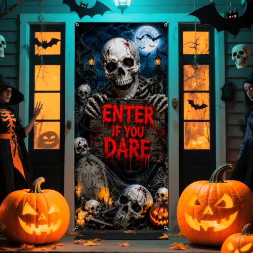 Halloween Door Cover Decorations - Graveyard Skeleton Spooky Night - Large 79 x 35 Inches