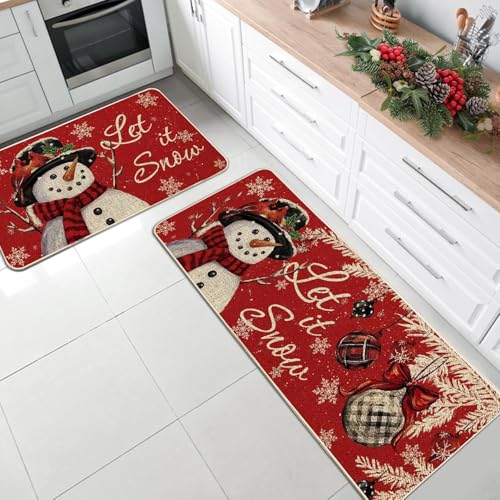 Christmas Kitchen Rugs Set 2-Piece Snowman Holiday Non-Slip Washable Mats